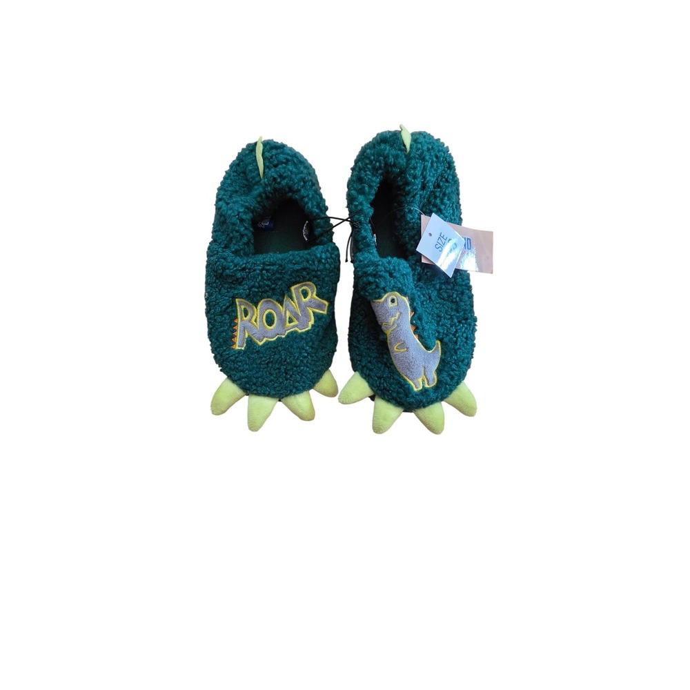 Kids Dinosaur Roar Sherpa Slippers Green Monster Claw Fleece House Shoes NWT 2/3